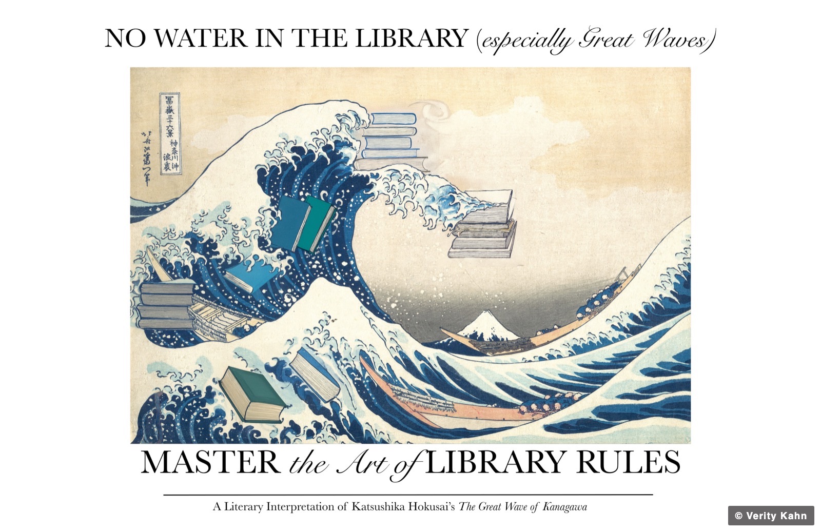 No water in the library, especially Great Waves: Hokusai's The Great Wave off Kanagawa, books tumbling through the surf.