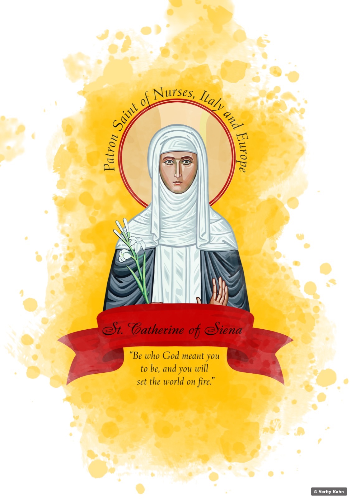 St. Catherine of Siena, patron saint of nurses, Italy and Europe, on a marigold watercolor field.
