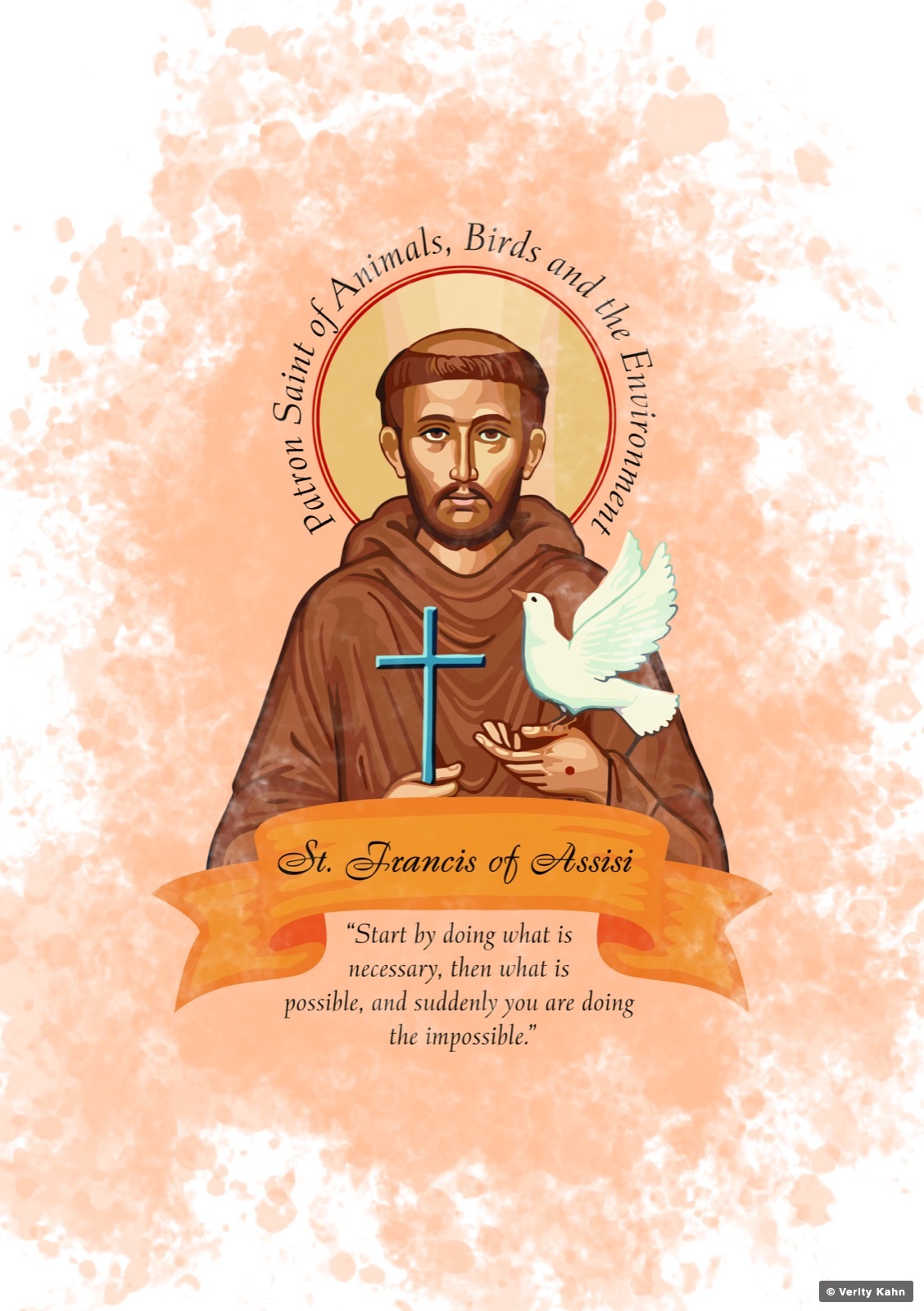 St. Francis of Assisi holding a dove and a cross, patron saint of animals, birds and the environment, on an apricot watercolor field.