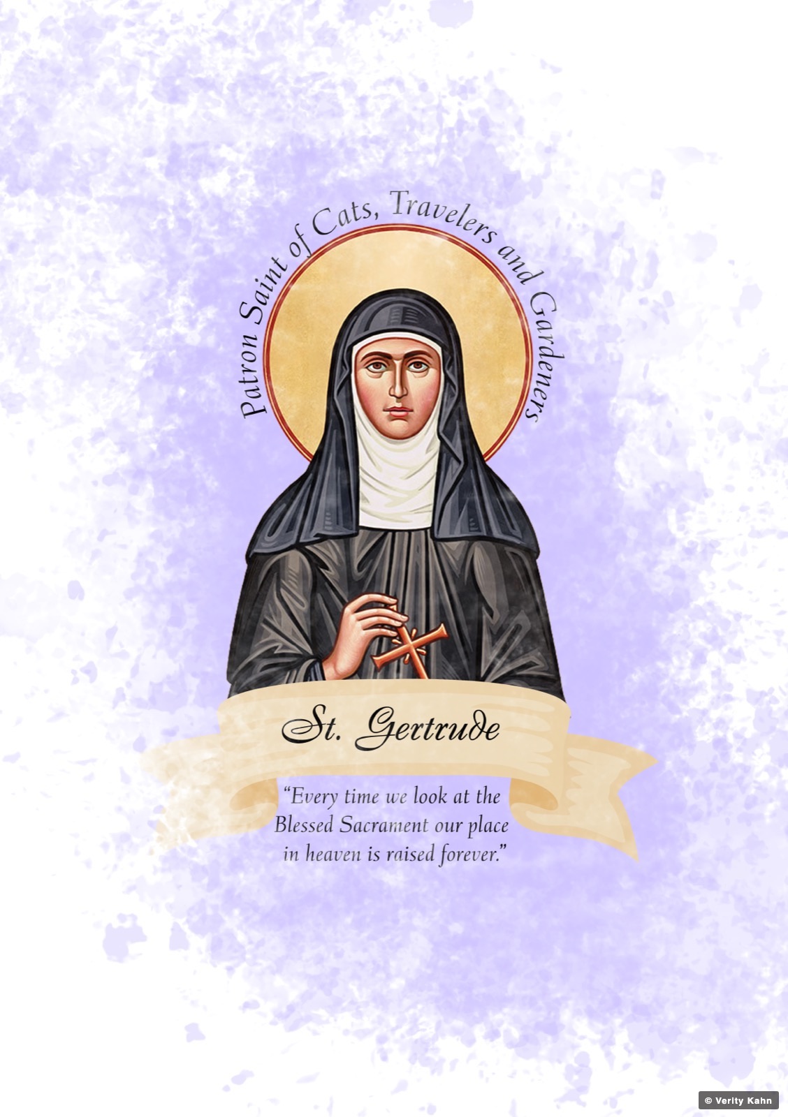 St. Gertrude, patron saint of cats, travelers and gardeners, on a lilac watercolor field.