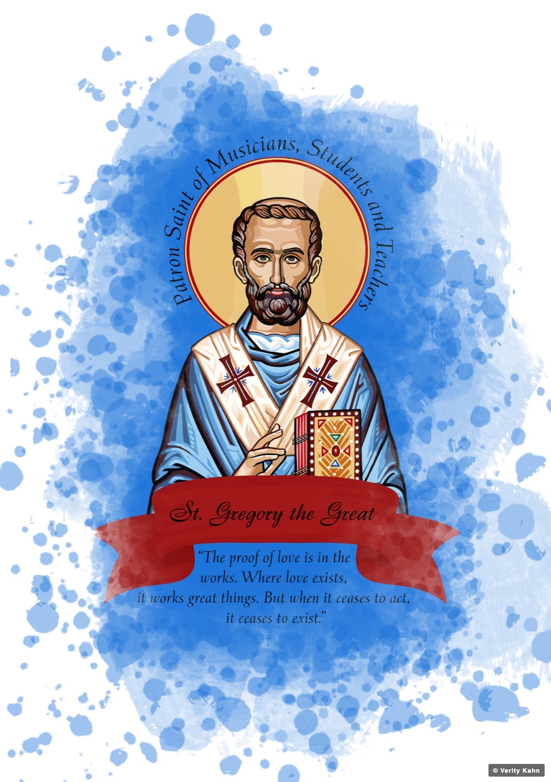 St. Gregory the Great, patron saint of musicians, students and teachers, on a deep blue watercolor field.