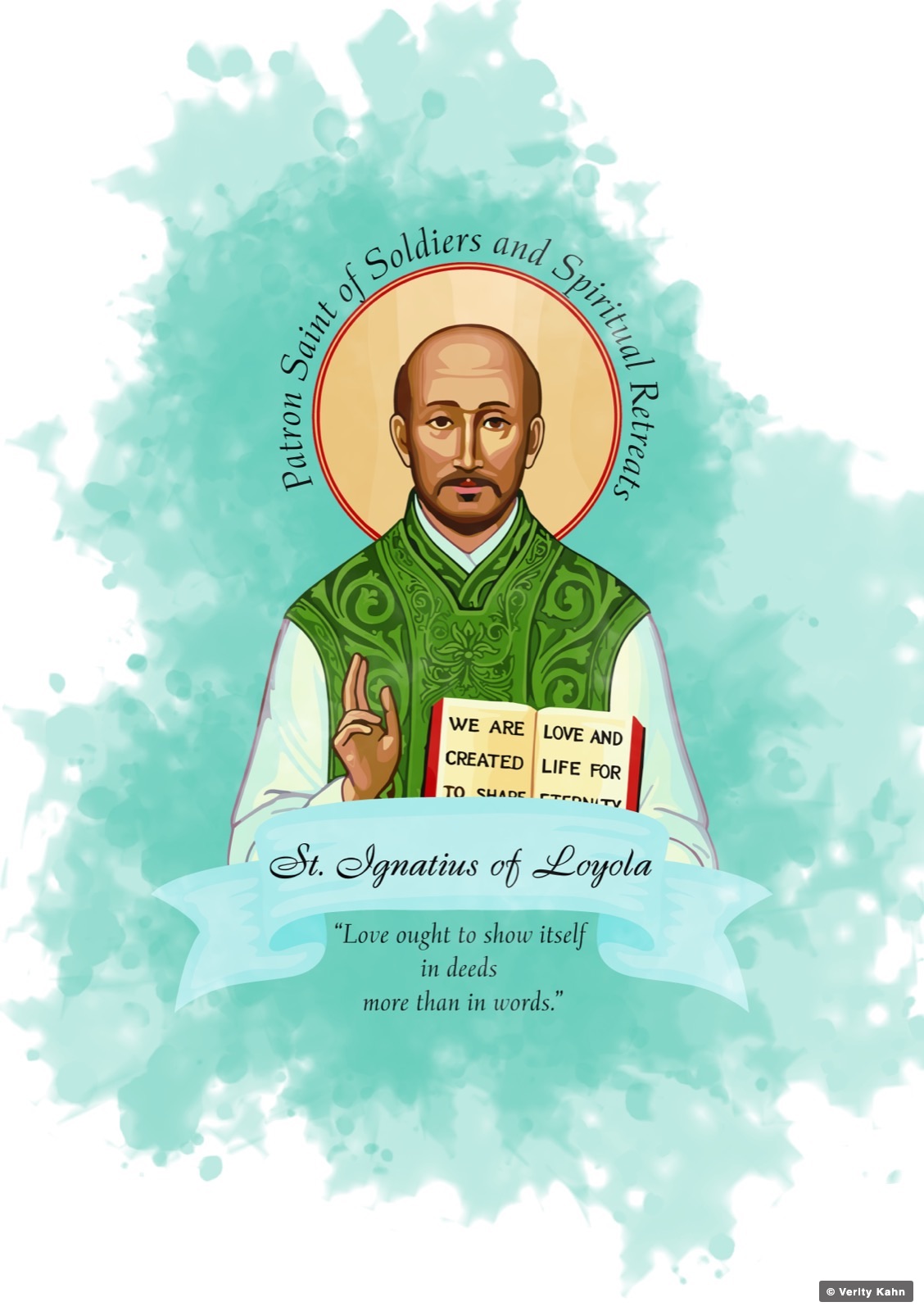 St. Ignatius of Loyola, patron saint of soldiers and spiritual retreats, on a pale teal watercolor field.