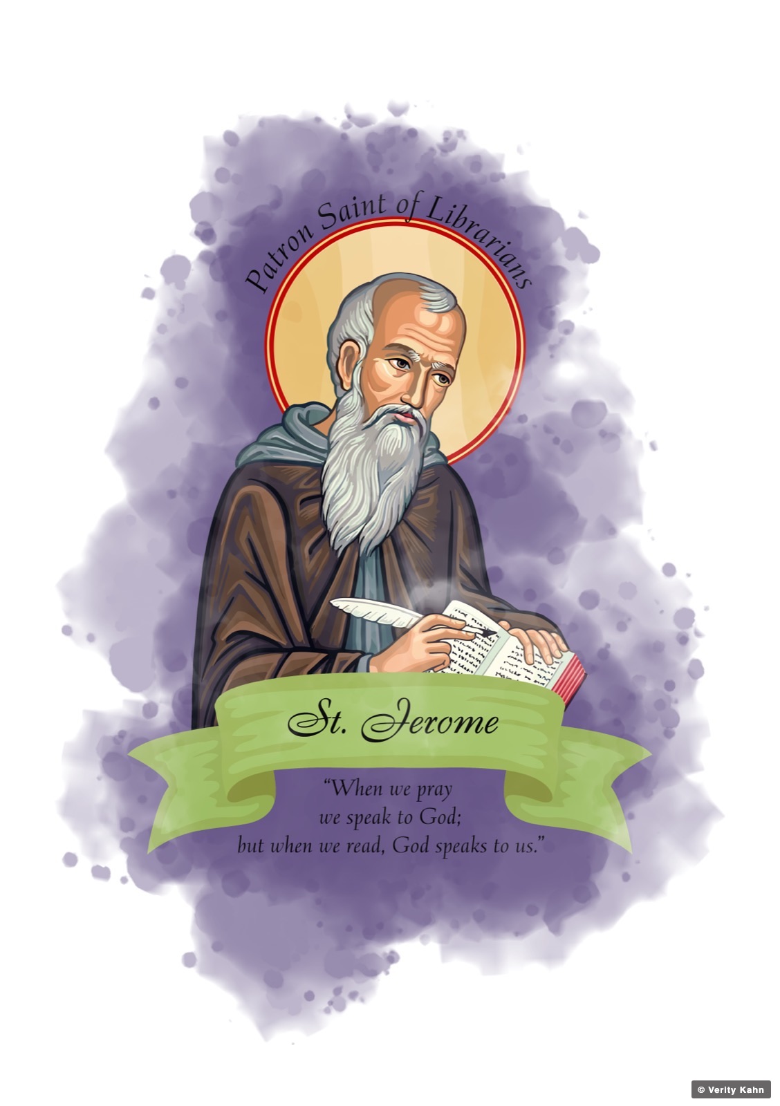 St. Jerome at his desk, patron saint of librarians, on a violet watercolor field.