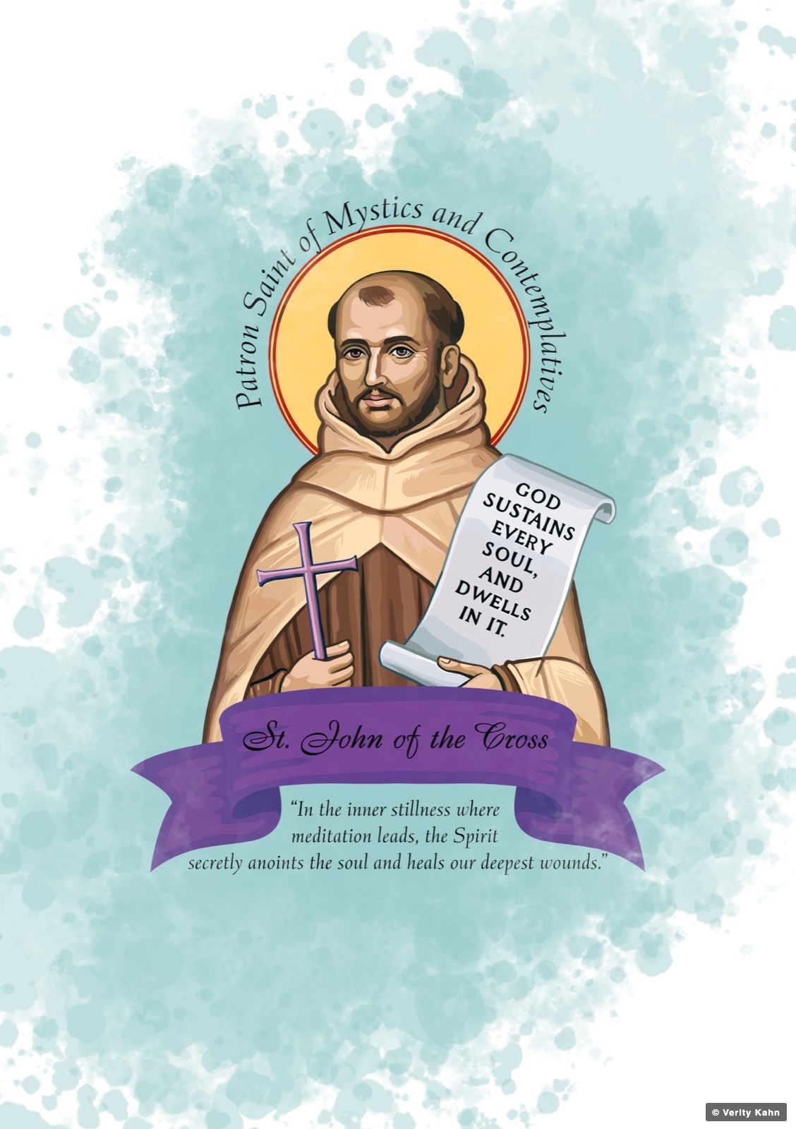 St. John of the Cross, patron saint of mystics and contemplatives, on a pale green watercolor field.