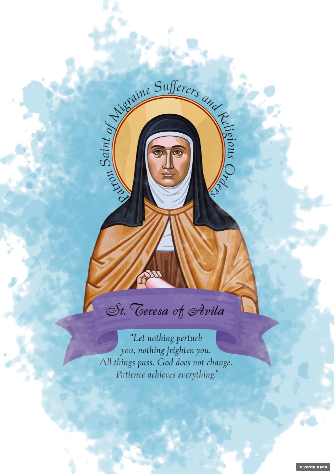 St. Teresa of Avila, patron saint of mystics, sufferers and religious orders, on a blue watercolor field.