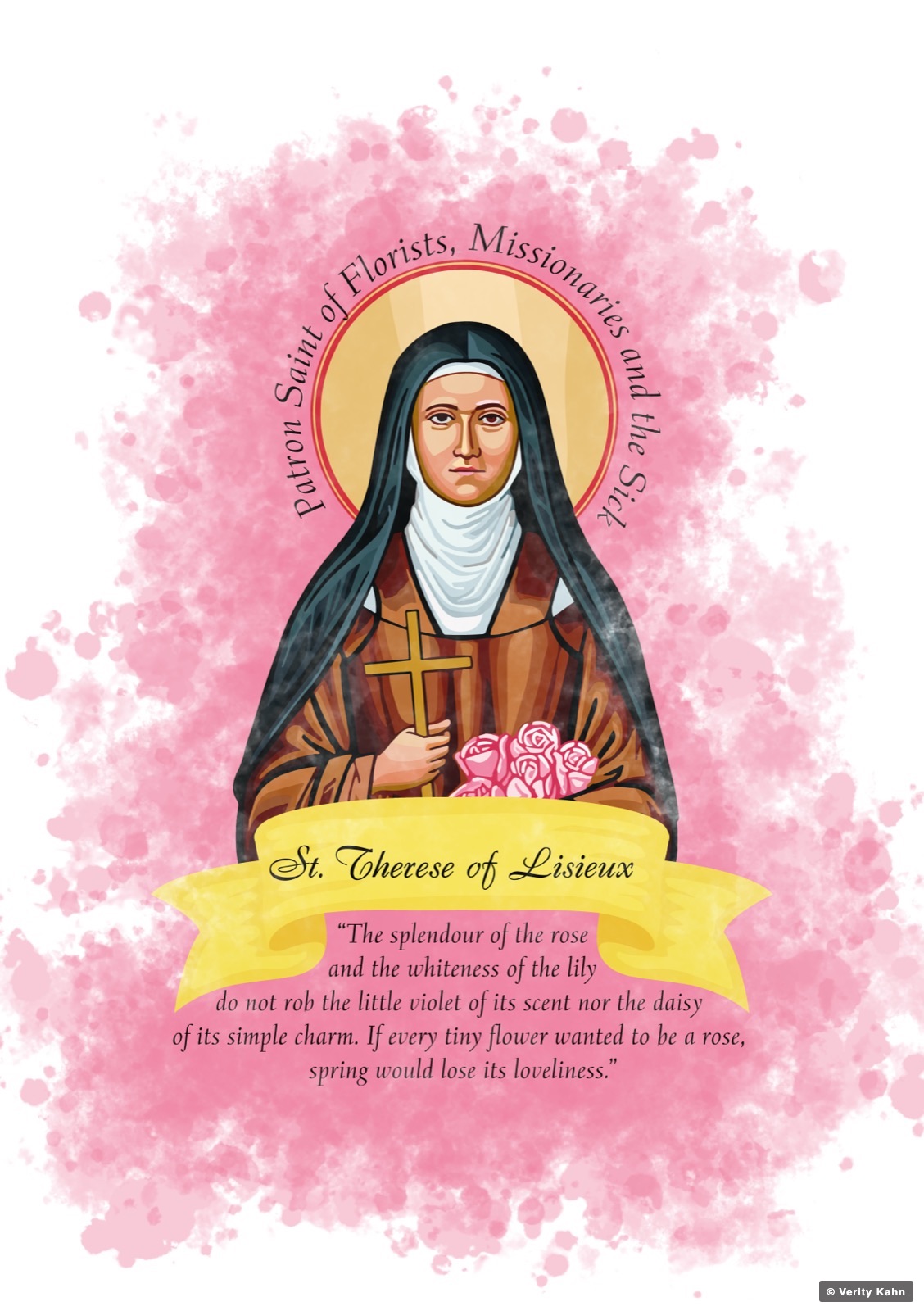 St. Therese of Lisieux, patron saint of florists, missionaries and the sick, on a rose watercolor field.