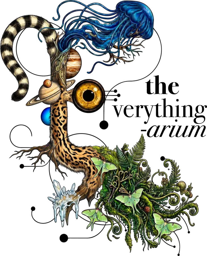 The Everything-Arium mark: a chimera of jellyfish, planets, a leopard's tail, an eye, crystals, ferns and luna moths.