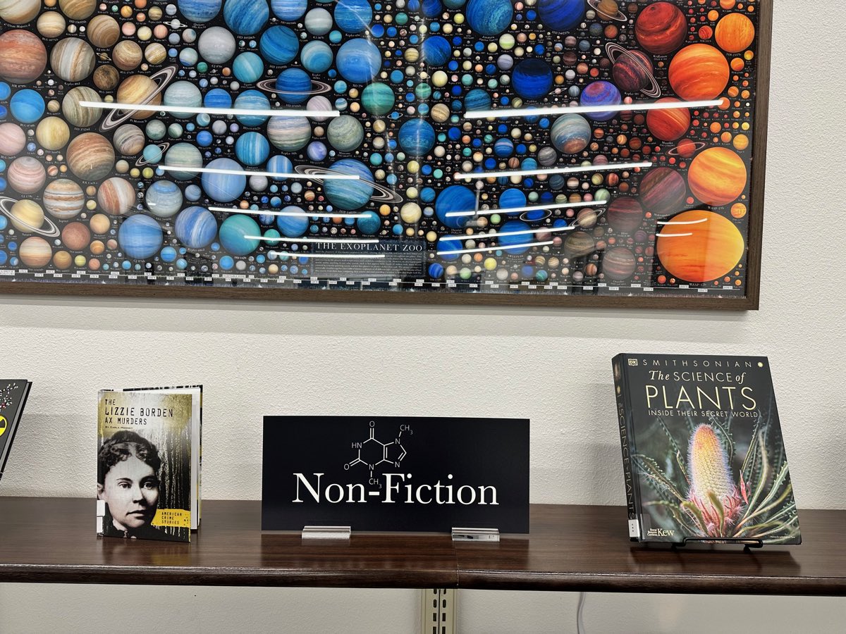 The Exoplanet Zoo hung above a non-fiction display.