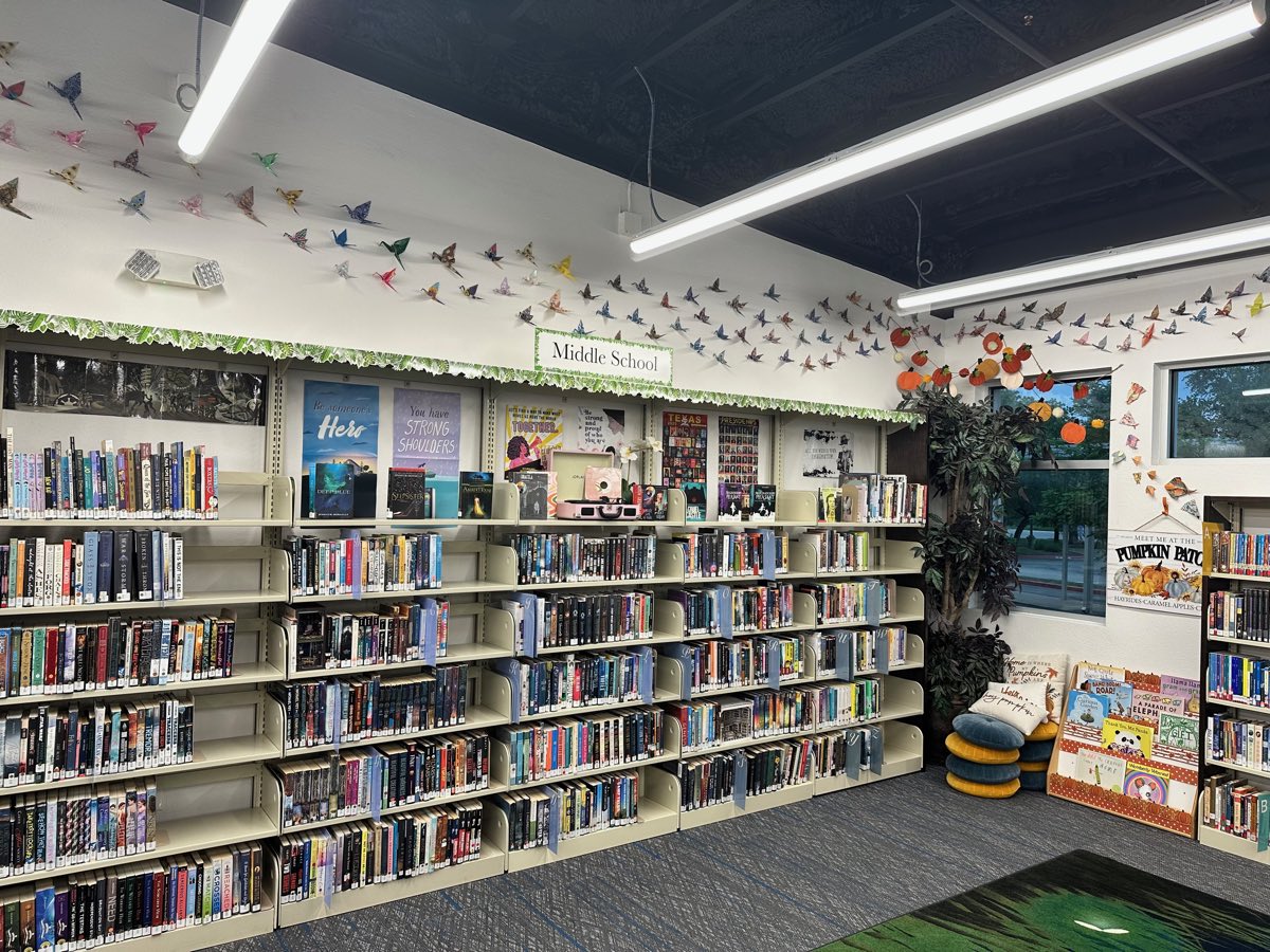 The middle school shelves with cranes overhead, a pumpkin patch display and floor cushions in the corner.