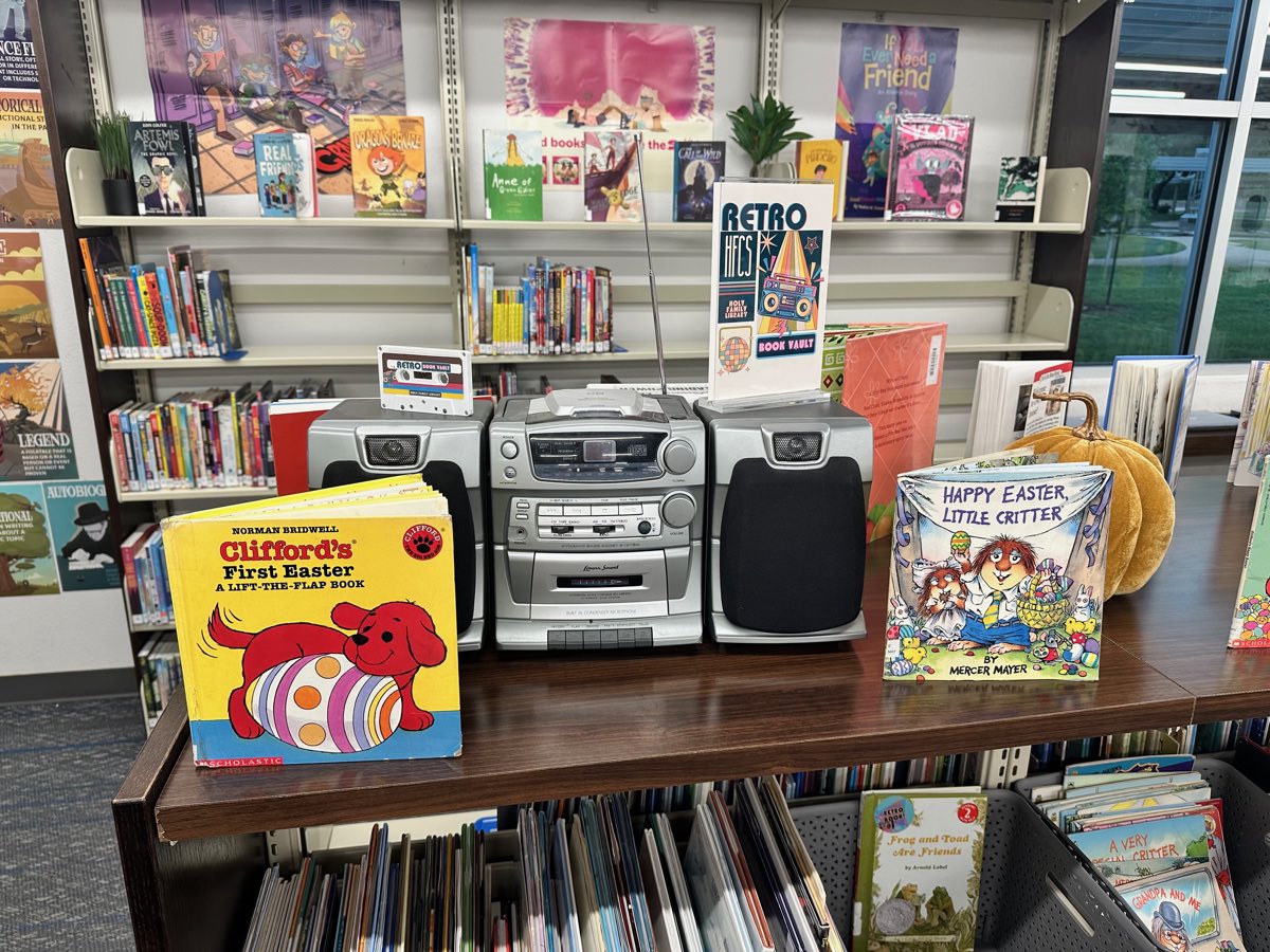 The Retro Book Vault: a boom box and cassette used as a display stand for Clifford's First Easter and Happy Easter, Little Critter.