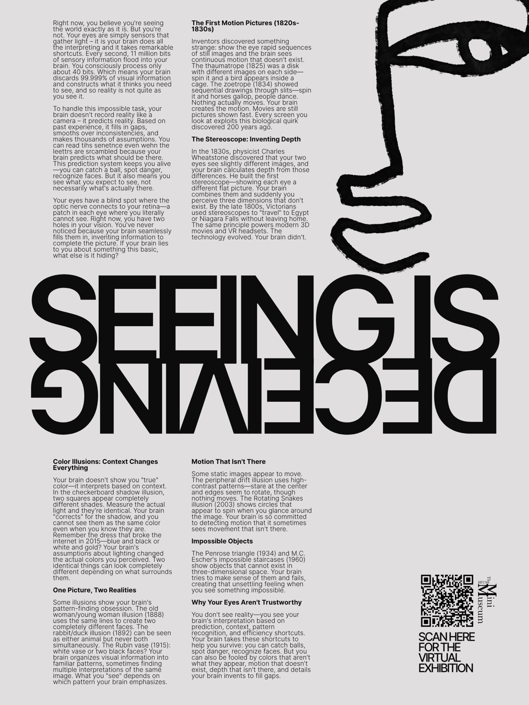 Poster for Seeing is Deceiving, the perception and illusion exhibition.